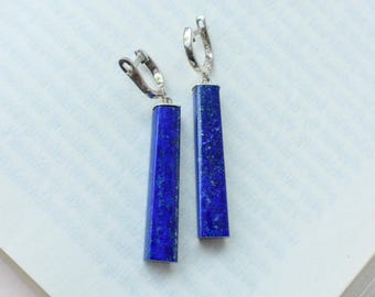 Handmade Lapis Lazuli Tapered Bar Drop Earrings, Sterling Silver Style Boho Chic Gemstone Jewelry