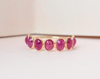 Natural Ruby Row Ring, 14K Gold Twisted Rope Band, July Birthstone Anniversary Ring