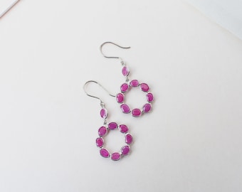 Ruby Circle Drop Earrings, Natural Ruby 925 Sterling Silver Wreath Dangle Earrings, Oval Cut Gemstone, July Birthstone Gift for Her