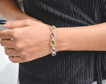 Handmade Sterling Silver Amethyst & Prasiolite Bezel Bracelet, February Birthstone Gift