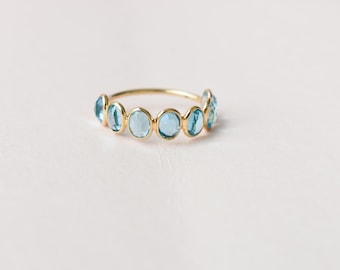 14K Gold Swiss Blue Topaz Half Eternity Band Ring, Bezel-Set Stacking Ring