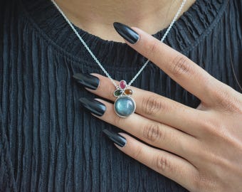 Labradorite Tourmaline Necklace, 925 Sterling Silver Cluster Pendant Necklace, Multi Gemstone Jewelry, Natural Stone Gift for Her