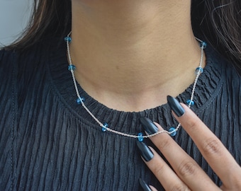 Swiss Blue Topaz Beaded Necklace, 925 Sterling Silver Dainty Station Necklace, Natural Gemstone, December Birthstone Gift for Her