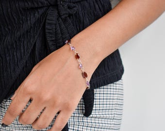 Sterling Silver Amethyst Garnet Briolette Bracelet, January February Birthstone Gift