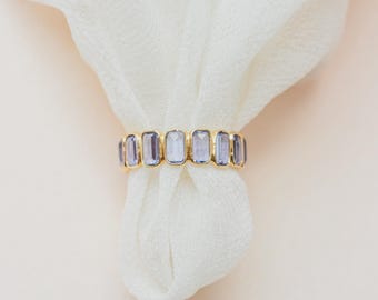 Natural Tanzanite Eternity Ring, 18K Gold Bezel Set, Emerald Cut Stacking Band