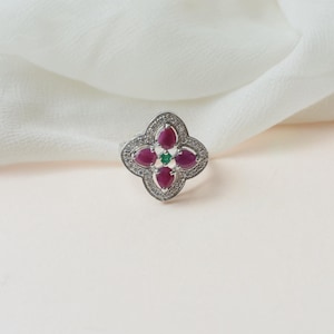 Ruby Emerald Clover Ring, 925 Sterling Silver Four Leaf Clover Ring, White CZ Halo Flower Ring, Statement Gift for Her