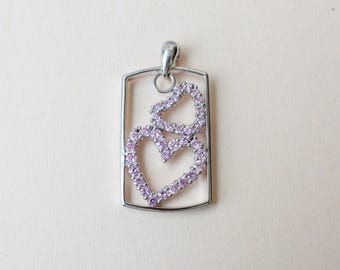 Pink CZ Double Heart Pendant, Sterling Silver Frame Necklace, Interlocking Love Charm