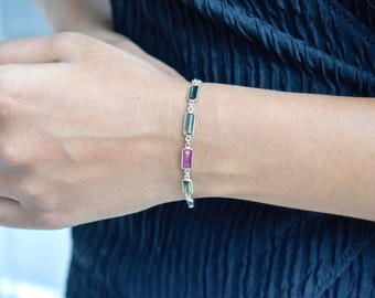 Handmade Multi Tourmaline Bracelet, Sterling Silver Link, October Birthstone Gift