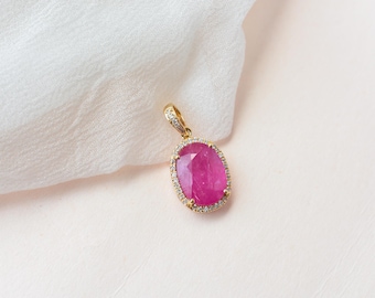 Oval Ruby Diamond Halo Pendant, 18K Solid Gold, Vintage Style Gemstone Necklace