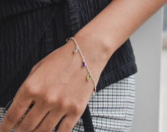 Handmade Sterling Silver Dangle Bracelet, Garnet Topaz Amethyst Peridot Marquise Stones