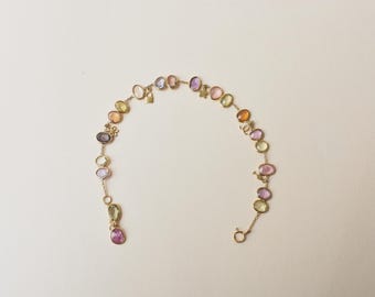 18K Yellow Gold Multi Sapphire Bezel Bracelet, Rainbow Gemstone Chain, September Birthstone