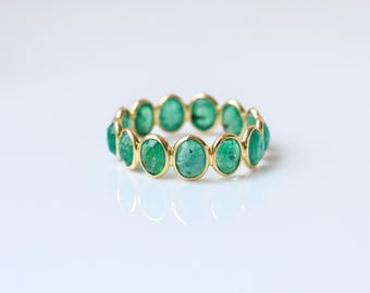 Natural Emerald Eternity Ring, 18K Gold Bezel Set Band, May Birthstone Anniversary Stacking Ring
