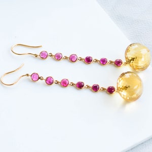 14k Gold Pink Tourmaline and Citrine Earrings, Drop Earring, Handmade Jewelry Gift, Earrings, Mothers Day Gift, Elegant Statement Earring