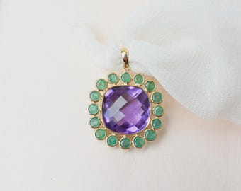 18K Gold Amethyst Emerald Halo Pendant, Cushion Cut Purple Gemstone Necklace