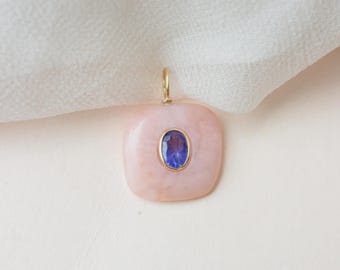 Natural Pink Opal Tanzanite Pendant, 18K Gold Cushion Cut Two Stone Necklace
