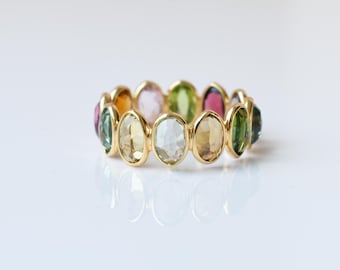 Turmoline, 18K Gold Rainbow Gemstone Band,  Colorful Stacking Ring Gift for Her