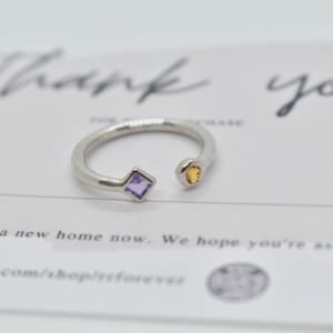 Natural Amethyst and Citrine Ring, Sterling Silver Ring, Mother&#39;s Ring, Family Ring, Birthday Gift, Engagement, Dainty Minimalist Ring
