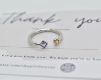 Natural Amethyst and Citrine Ring, Sterling Silver Ring, Mother's Ring, Family Ring, Birthday Gift, Engagement, Dainty Minimalist Ring