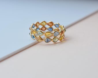18K Gold Rainbow Sapphire Eternity Ring, Marquise Wave Band, September Birthstone Gift