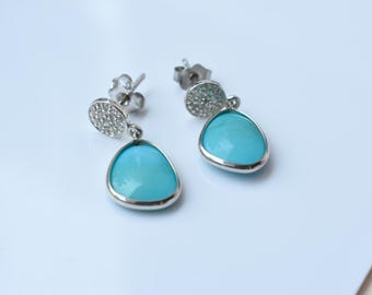 Natural Turquoise Sterling Silver Drop Earrings, Pave Dangle Jewelry