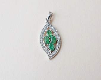 Natural Emerald Cluster Marquise Pendant, CZ Halo Leaf Necklace, May Birthstone