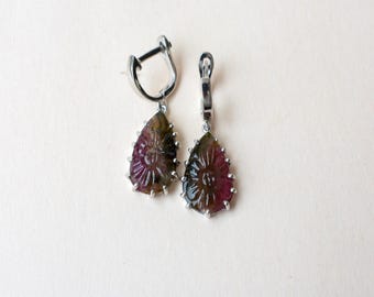 Bi-Color Watermelon Tourmaline Earrings, Sterling Silver Wire Wrapped Dangle