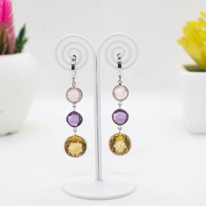 Sterling Silver Earring, Gemstone Earring, Rose Quartz, Amethyst, Citrine Christmas Jewelry Gifting, Handmade Silver Jewelry, Woman Earring