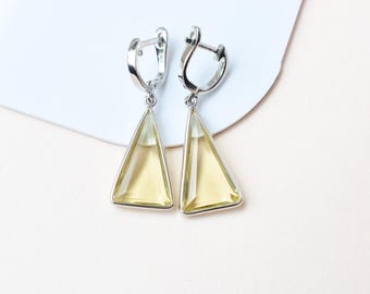 Natural Lemon Quartz Trapezoid Drop Earrings, Sterling Silver Bezel Dangle (Handmade)