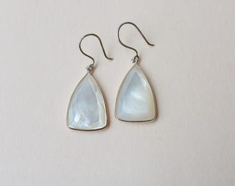 Natural Mother of Pearl Triangle Drop Earrings, Sterling Silver Bezel Set