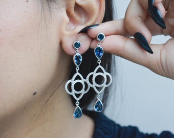 London Blue Topaz Chandelier Earrings, 925 Sterling Silver, Natural Gemstone, December Birthstone Gift