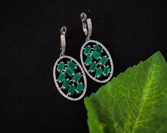 Natural Emerald Oval Dangle Earrings | Baguette Emerald Drop 925 Sterling Silver | May Birthstone Gift