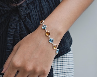 Citrine & Swiss Blue Topaz Sterling Silver Bezel Bracelet, Two-Tone Gemstone Jewelry