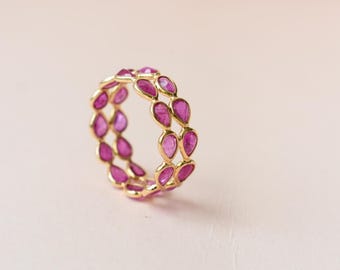 Natural Ruby Cluster Ring, 18K Gold Pear Cut Statement Ring, Double Wave Band