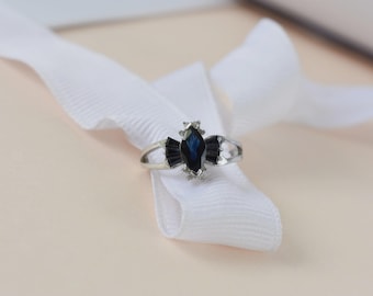 Blue Sapphire Marquise Ring, Sterling Silver Signet, Minimalist Statement Ring