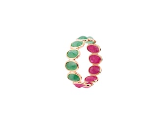 14k Gold Emerald and Ruby Ring: Gemstone Wedding Band