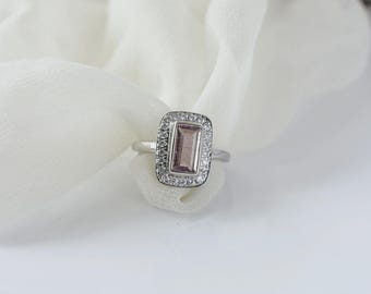 Emerald Cut Mystic Tourmaline Ring, Sterling Silver Double Halo, CZ Accent, October Birthstone