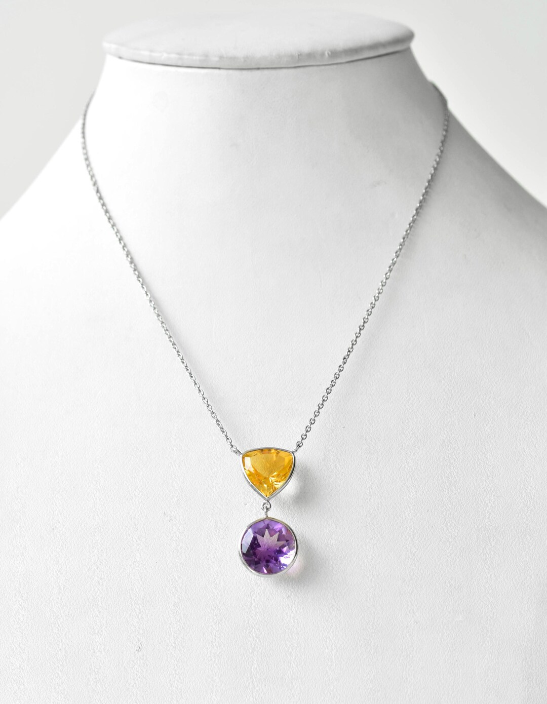 シトリン＆アメジストペンダントネックレス：スターリングシルバーツー