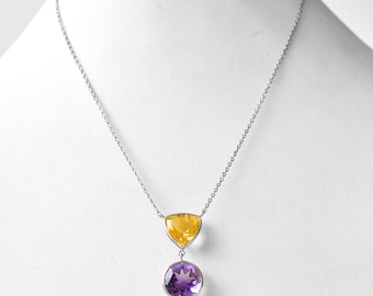 Citrine Amethyst Sterling Silver Drop Necklace | November Birthstone Chain