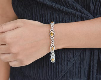 Handmade Sterling Silver Citrine Tennis Bracelet, Oval Halo Links, November Birthstone Gift