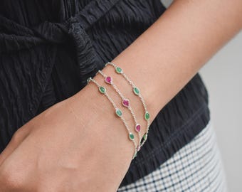 Handmade Sterling Silver Three-Strand Bracelet, Ruby & Emerald Gemstones (7 inches)