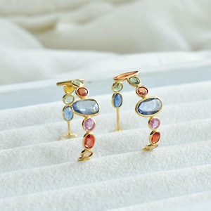 Multi Sapphire Hoop Earrings 18K Gold | Rainbow Gemstone Hoops | Dainty Gold Earrings | September Birthstone | Minimalist Jewellery