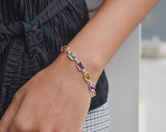 Sterling Silver Multi-Gemstone Bracelet, Citrine Amethyst Blue Topaz, Emerald Cut (Handmade)