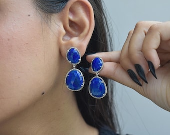 Handmade Lapis Lazuli CZ Drop Earrings, Sterling Silver Halo, December Birthstone Gift