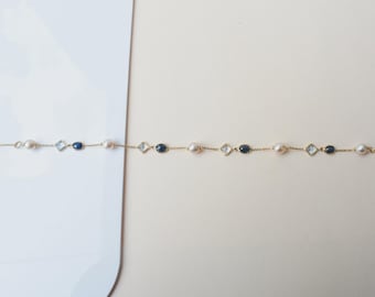 18K Gold Pearl Sapphire Aquamarine Station Bracelet, Dainty Multi Gemstone Birthstone Bracelet, Gift for Her, Delicate Chain