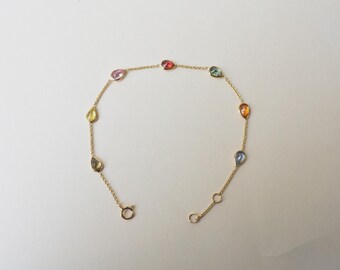 18K Gold Natural Multi Sapphire Station Bracelet, Dainty Teardrop Sapphire Bracelet, September Birthstone Gift, Delicate Chain Bracelet