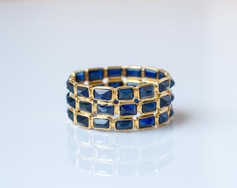 Natural Blue Sapphire Mosaic Ring, 18K Gold Wide Band, September Birthstone