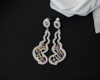 Multi Sapphire Chakra Dangle Earrings | Sterling Silver Wave CZ (IGS Certified)