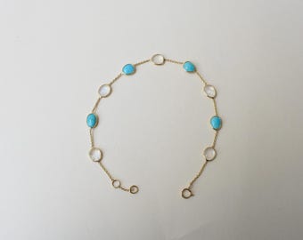 18K Gold Rainbow Moonstone Turquoise Double Strand Bracelet, Two-Tone Gemstone Jewelry