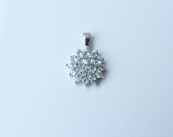 Sky Blue Topaz Cluster Pendant, Sterling Silver Flower Halo Necklace, December Birthstone