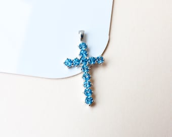 Blue Topaz Cross Pendant, Prong-Set Round Stones, December Birthstone Faith Jewelry